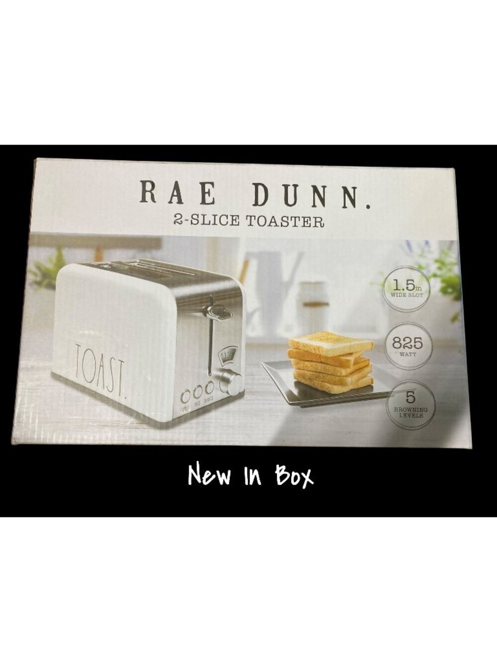 Rae Dunn Stainless Steel 2‑Slice Square Toaster Wide Slots 5 Browning Levels NIB